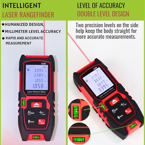 Image of Kwetmo Laser Measuring Device- 60 mtr Laser Distance Meter-Digital Measuring Tape-Distance Measurement Laser Machine with Mute Function Large LCD Backlit, Pythagorean Mode (60 MTR, Black)