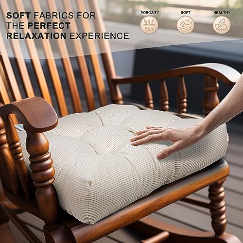 Image of Lokex Rocking Chair Cushion Only,Tufted Non-Slip Comfortable Rocking Chair Cushions Indoor with Ties,Striped Rocking Chair Pads (White-S2064-1, 21x17 /17x17)