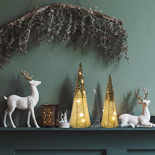 2 Pcs Lighted Christmas Table Decorations With Glitter - Battery Operated Led Christmas Tree Shaped Light Up Holiday Decor Indoor - White And Gold Indoor Christmas Tabletop Centerpiece Decoration #TOP2