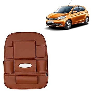 RD Universal PU Leather Car Auto Seat Back Organizer Multi Pocket Travel Storage Bag with Hangers, Tissue Paper and Bottle Holder-Tan Colour Compatible for Tata Tiago
