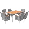 Devoko Dining 7 PCS Furniture, Patio Conversation Set with Acacia Wood Table Top, Outdoor, Beige Cushion and Grey Rattan
