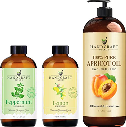 Handcraft Apricot Kernel Oil with Peppermint Essential Oil and Lemon Essential Oil Set  100% Pure and Natural Oils  Carrier Oil for Essential Oils Mixing, Aromatherapy Oils and Massage