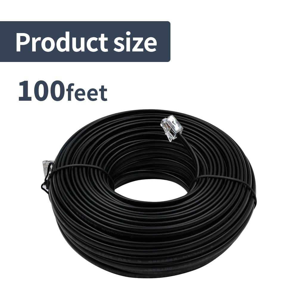 Cable de teléfono de 100 pies de largo con conectores RJ11 6P4C para teléfono fijo, máquina de fax y módem, para uso en pared y exterior, negro, AV04612