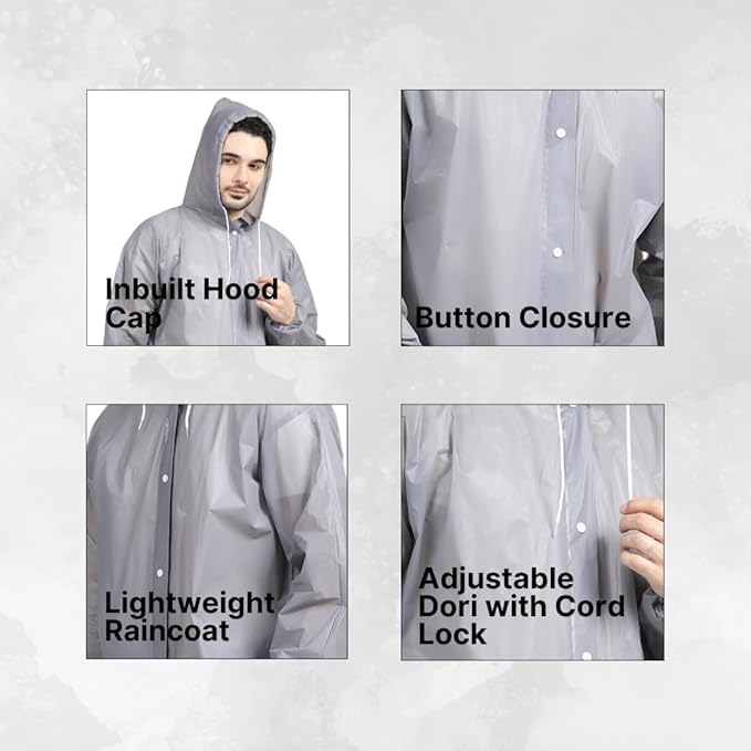 Image of Samfor Eco-Friendly EVA Poncho Raincoat for Men & Women, Lightweight Waterproof Coat with Hood, Adjustable Drawstring, Button Closure Reusable & Durable Outdoor Rainwear (Multi Colour, Free Size)