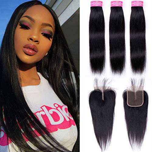 Peruvian Straight Hair Bundles with Closure 100% Unprocessed Peruvian Virgin Straight human hair weave 3 Bundles with Lace Closure Middle Part 70g/Bundle (12 14 16+10) Natural Color