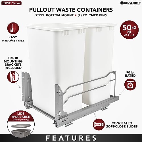 Rev-A-Shelf Double Pull Out Trash Can for Full Height Kitchen Cabinets 50 Quart 12.5 Gallon with Soft-Close Slides, Metallic Silver, 53WC-2150SCDM-217