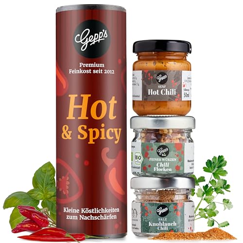 Gepp’s Feinkost Gewürzset Chili I Feinkost Gewürze I Geschenkidee für Schärfe-Liebhaber mit Knoblauch-Chili-Salz, Chiliflocken & Hot-Chili Senf I Chilli Grillgewürz, Burger-Gewürz