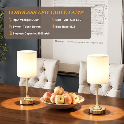 Image of Touch Control Cordlss Table Lamp, USB-C Rechargeable Lamp with Stepless Dimming, 4000mAh Battery Operated Vintage Bedside Lamp for Bedroom, Living Room, Night Light & Emergency Lighting, Brass, 2 Pack