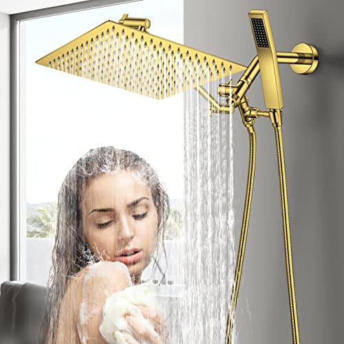 Hotqing 12 Inch All Metal Rain Shower Head With Handheld, High Pressure Dual Shower Head Combo With 15 Inch Adjustable Extension Arm, Shower Hose, 3-Way Diverter - Height/Angle Adjustable - Gold #TOP3