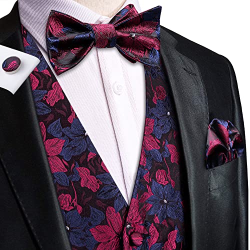 Hi-Tie Silk Floral Blue Burgundy Mens Suit Vest Necktie And Self Bowtie Set Slim Fit V-Neck Dress Waistcoat Tie And Pocket Square Cufflinks Set For Prom Wedding #TOP2