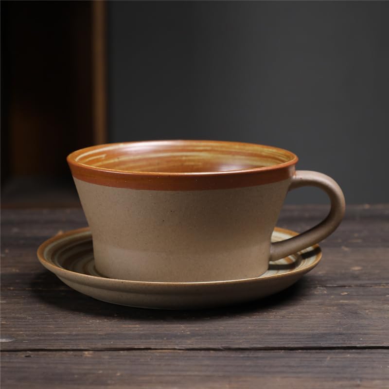 Rustic Speckled Matte Ceramic Coffee Mug with Saucer, Retro Wabi Sabi Wide Mouth Latte Tea Cup Set, set of 1 (MANSHAN01)