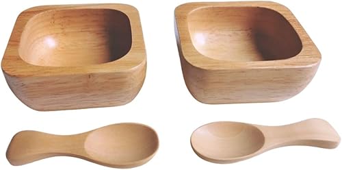SUWANDA 4 cuencos cuadrados hechos a mano de 3 pulgadas y cucharas de madera para cuencos de salsa de comedor (cuencos cuadrados)