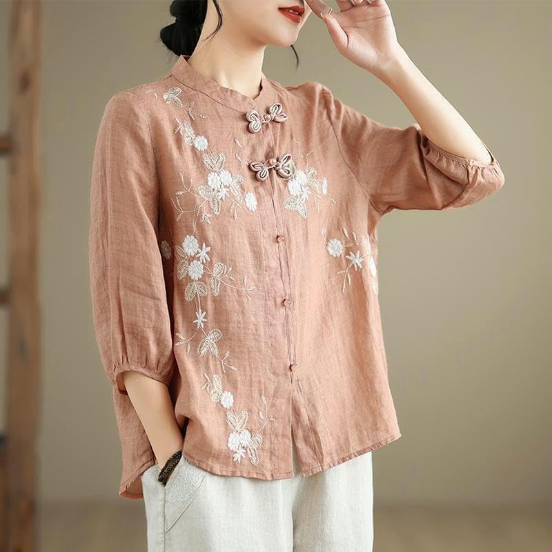 Women's Collar Frog Button Top Retro Heavy Embroidered Blouse Summer 3/4 Sleeve Cotton Linen Top
