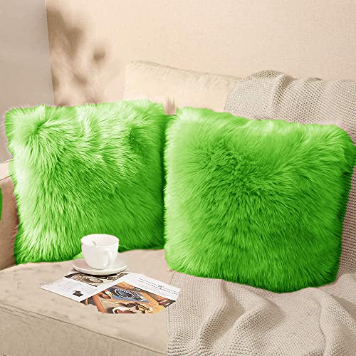 Image of Fur Cushion Pillow Cover for Set of 2 Pillow - 13x13 Inches (Dark Green)
