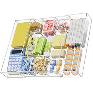 Marbrasse Acrylic Expandable Drawer Organizer, Clear Desk Drawer Organizer Tray with 5 Dividers, Desk Organizers and Accessories, 10 Adjustable Compartments for Office Supplies, Makeup & Vanity