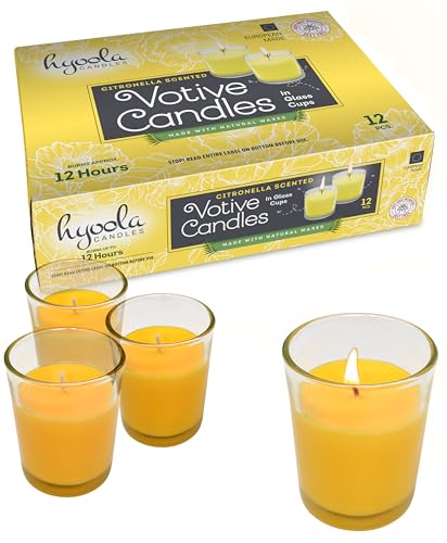 Hyoola Citronella Candle Votives in Glass Cup, Indoor and Outdoor Decorative and Mosquito, Insect and Bug Repellent Candle, Natural Fresh Scent, 12 Hour Burn Time, Made in Europe (Pack of 12)