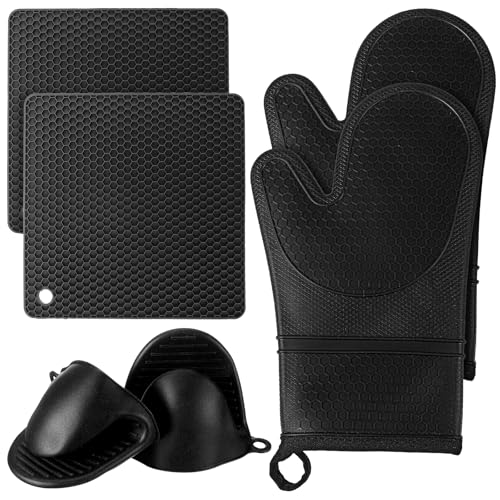 6 Pcs Oven Mitts and Pot Holders Sets for Kitchen, Extra Long Silicone Oven Gloves High Heat...
