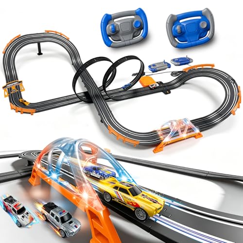 Image of Slot Car Race Track Sets with 4 High-Speed Racing Slot Cars Electric Dual Racing Game with 2 Controllers Circular Overpass Track Featuring Flash Bridge Pendulum Gifts Toys for Boys Kids Age 6 7 8-12