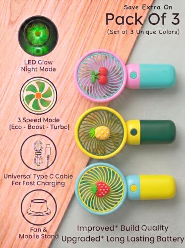 Image of Portable Mini Hand Fan| LED Glow| 3 Speed Mode| Type-C Fast Charging| Mobile Stand| Mini Fan| Travel, Home, Kids Toys & Office Use (Set Of 3 (Any 3 Multi-Color Set))