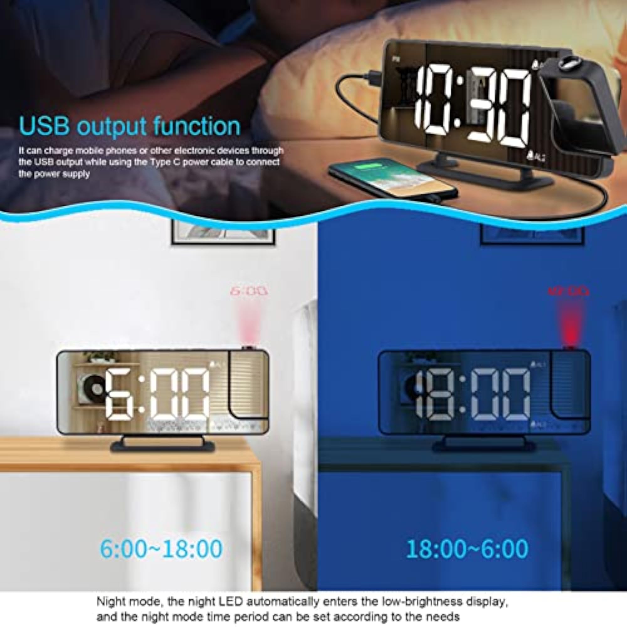Projection Alarm Clock with Snooze Function, USB Output