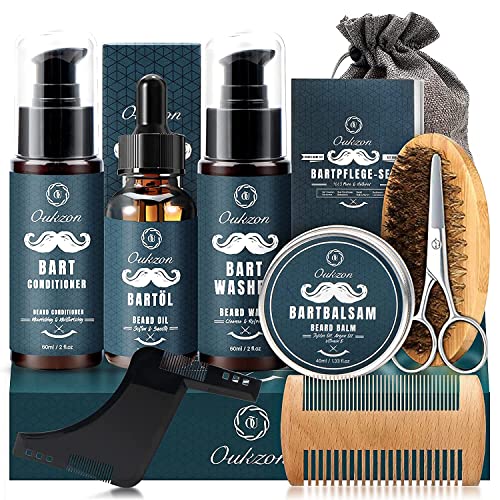 Beard Grooming Kit for Men, 10 in 1 Beard Trimming Gift Set with Beard Shampoo, Beard Conditioner, Beard Oil, Balm, Beard Comb,Brush, Scissors, Beard Shaper and Storage Bag -Mens Beard Growth Care Set