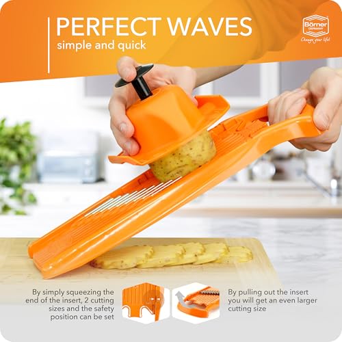 Image of Borner PowerLine Wave Waffle Cutter + Fruit Holder (Set of 2) Vegetable Cutter for Wave & Waffle Cut Slicer for Grid Potatoes & Fries Wave Slicer Colour: Orange