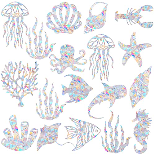 18 Pieces Ocean Window Decals for Bird Strikes - Anti-Collision Clings to Save Birds from Glass Collisions,Non Adhesive,Rainbow Suncatcher Stickers