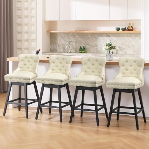 Image of Beige Swivel Bar Stools Set of 4, 30 Inch Counter Height Chairs | Swivel Faux Leather Barstools, Solid Wood Legs, Upholstered Kitchen Island Chairs with Back (Beige, 4 Pack, 30 inch H)