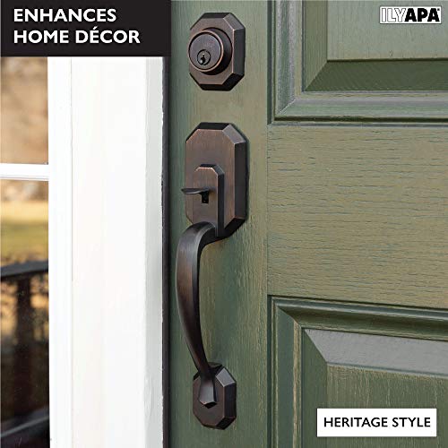 Ilyapa Front Entry Door Exterior Handleset - Heritage, Oil Rubbed Bronze Low Profile Door Lock Set Handle With Single Cylinder Deadbolt And Halifax Lever, Matte Black #TOP3