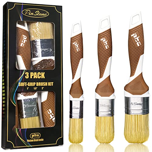 PinStone 3 Pack Professional Paint Brushes Set, 1', 1.5', 2' Synthetic Bristles, Easy-Grip Rubber Handle, Cabinet Paint Brush, Chalk Paint Brush, Paint Brushes for Walls, Smooth Finish