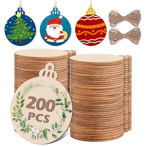 200 PCS Wooden Ornaments for Crafts,3.5x2.9in Wooden Christmas Ornaments to
