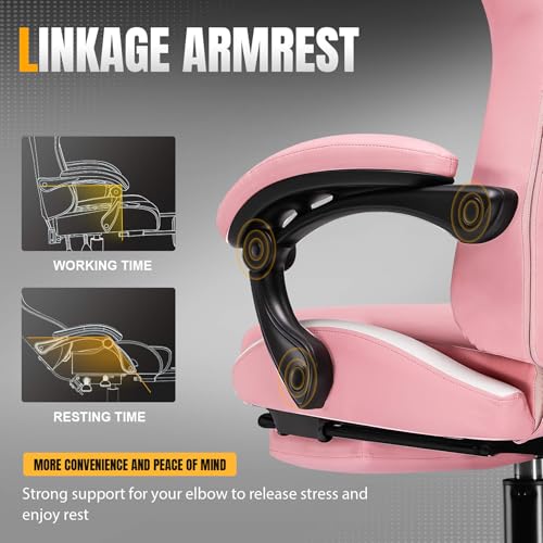 Image of GTPLAYER Gaming Chair with Pocket Spring Cushion, Leather Office Chair with Ergonomic High Back & Lumbar Support for Back Pain Relief, Computer Game Chair for Adults, Pink