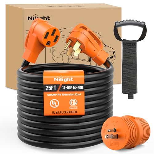 Image of Nilight 25FT 50 Amp RV Extension Cord with Adapter 15Amp to 50Amp 250V Heavy Duty 6 /3+8 /1 Gauge Pure Copper STW Wire UL ETL Listed 4 Prong 14-50P 14-50R Weatherproof Suit for Generators Camper