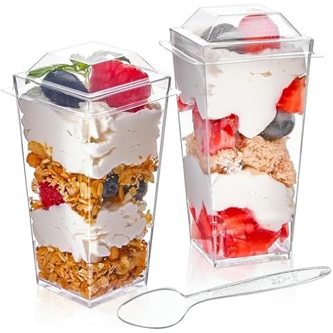 Qeirudu 3 oz Mini Dessert Cups with Lids and Spoons, 50 Pack Plastic Parfait Cups Dessert Shooter Cups for Individual Appetizers Mousse Trifle Cover