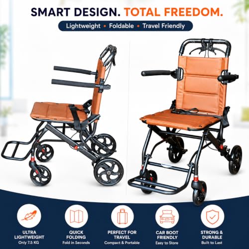 Image of VEAYVA Portable Wheelchair for Adults & Elderly | Ultra Lightweight Folding Ergonomic Seat | Foldable Wheel Chair | Caregiver Push Wheelchair | Compact | Indoor & Outdoor | Multicolor Seat