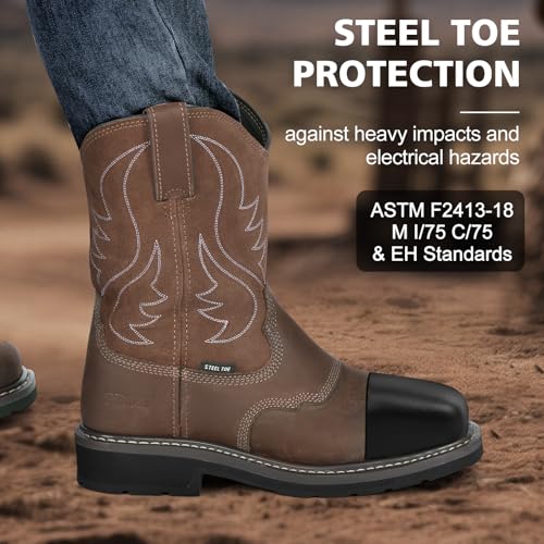 Showave Steel Toe Cowboy Boots for Men Western Square Toe Work Boot Full-grain Leather Safety Boots with Hazard Protection for Construction Manufacture Farming2