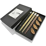 DineAsia CCH01/A Multicolored Reusable Stone Age Wooden Chopsticks & Leaf Shape Rests Complete Gift Set - Pack of 4