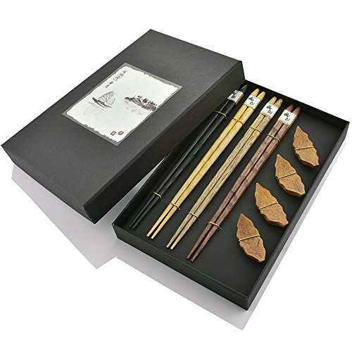 DineAsia CCH01/A Multicolored Stone Age Reusable Wooden Chopsticks & Leaf Shape Rests Complete Gift Set - Pack of 4