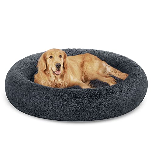 Feandrea Cama de Perros, Cama para Perros, Cojín Central Extraíble y Lavable, Alfombra de Felpa Suave y Mullida, 120 cm de Diámetro, Gris Oscuro PGW043G02