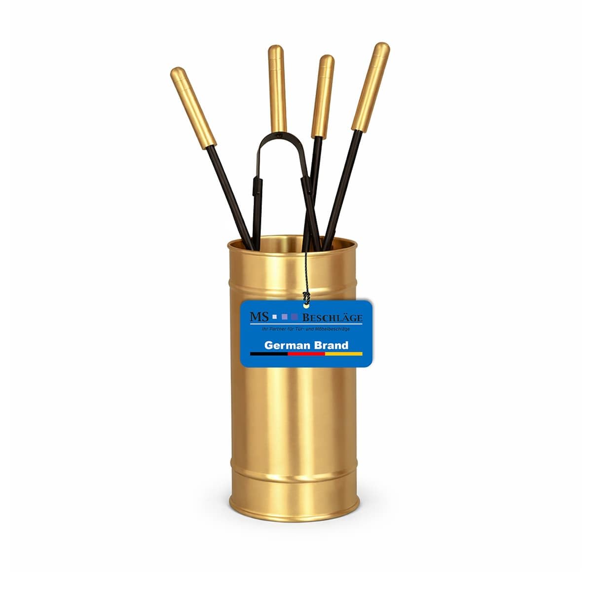 MS Beschläge Kaminbesteck Set 5-teilig Messing – Ofenbesteck modern mit geschlossenem Halter – Kaminzubehör hochwertig Schwarz pulverbeschichtet – Kamingarnitur für Kaminofen und Ofen – Ofenzubehör