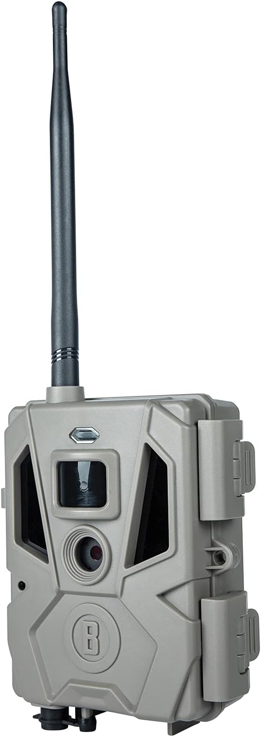 Bushnell CelluCORE 20 Trail Camera highlighting 80ft night range, low-glow LEDs, 0.5 second trigger speed, 20MP images, and solar compatibility.