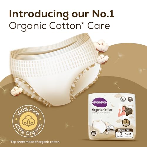 Image of Evereve Organic Cotton Period Panty for Girls & Women, (S-M), 10 Pcs, 360 Degree Overnight Coverage, 100% Natural Comfort, High Absorbency for Heavy Flow, Maternity Postpartum Disposable Panty