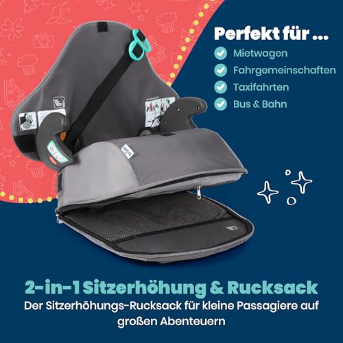 Trunki BoostApak 2-in-1 Kindersitz & Rucksack (ab 6 Jahren) - i-Size Kindersitzerhöhung mit 8-Litern Stauraum, Handgepäck Kinderrucksack & Sitzerhöhung Auto Kinder (126-150 cm) - Grau