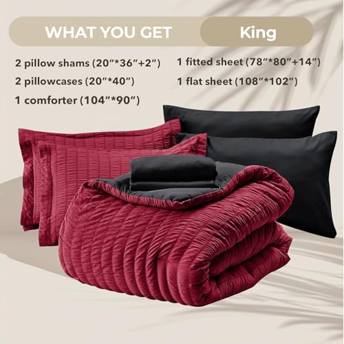 Image of HYMOKEGE Red & Black King Size Comforter Set Seersucker 7 Pieces, All Season Luxury Bed in a Bag for Bedroom, Bedding Set with Comforters, Sheets, Pillowcases & Shams