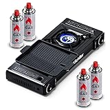 Gaskocher 2-flammig mit Piezozündung - mit Grillaufsatz 38cm - Campingkocher für Gaskartuschen MSF-1a 227g - Camping Gaskocher für Campinggaz - Camping Herd mit Grillplatte + 4 Gaskartuschen