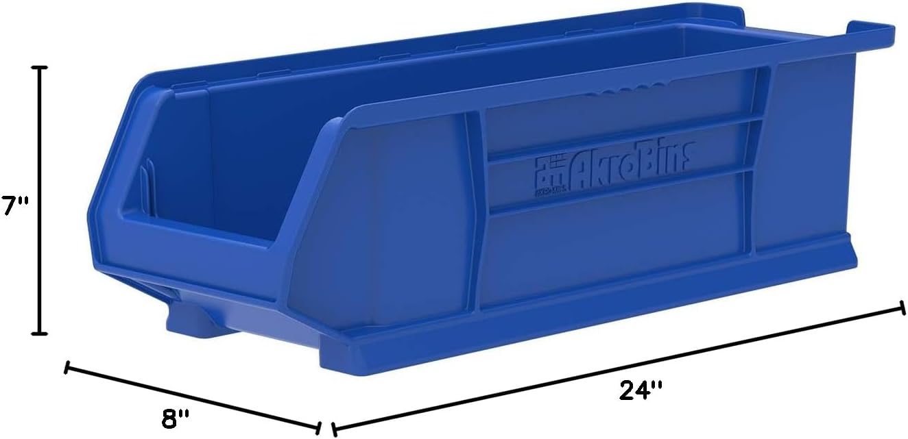 Akro-Mils 30284 Super-Size AkroBins Plastic Storage Bins, Space-Saving Stackable Bins for Garage, Classroom, Warehouse Organization, 24" L x 8" W x 7" H, Blue, 4-Pack