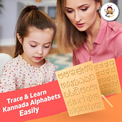 Image of BuGBee Kannada Alphabets Learning Board Set of 2 Wooden Slate Tracing for Kids Writing Practice | Educational Smart Board Toys with Pencil for 2-5 Years | Aksharabhyasam Kit Letter Development