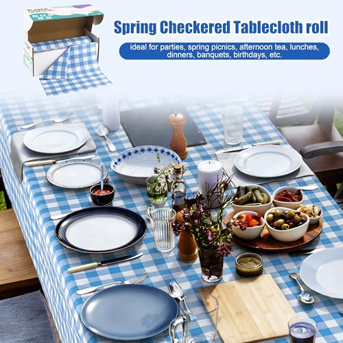 Image of Kochorie 54 Inch x 300 Ft Light Blue Checkered Plastic Table Cloth Roll Disposable Waterproof Table Cover Plastic Table Cover Roll with Easy Slide Cutter for Outdoor Picnic /Home Dining /Spring Party
