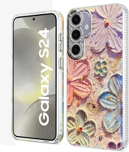 Image of VONZEE Compatible with Samsung Galaxy S24 5G Case, Laser Flower Oil Painting Design, Cute Colorful Blue Ray Bumper, Full Camera Protection, PC+TPU Glossy Shiny Protective Cover for Women & Girls, Pink