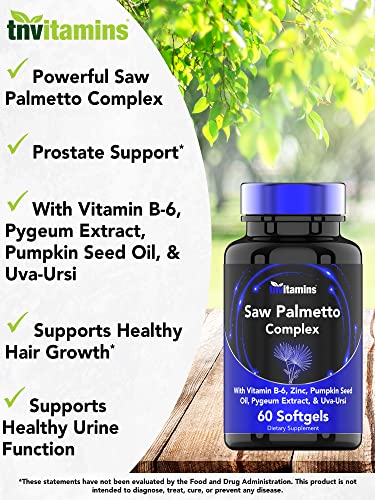 Tnvitamins Saw Palmetto Complex With Pygeum Extract, Pumpkin Seed Oil, Vitamin B-6, Zinc, & Uva-Ursi | Prostate Supplement For Men* | Supports Hair Growth* & Urinary Tract Health #TOP2